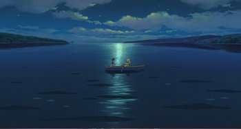 Movie still from “When Marnie Was There” (2014), directed by Hiromasa Yonebayashi – Two people in a boat in the middle of the night; Extreme Wide shot, High angle