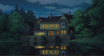 Movie still from “When Marnie Was There” (2014), directed by Hiromasa Yonebayashi – A painting of a house on the water at night; Extreme Wide shot, Low angle