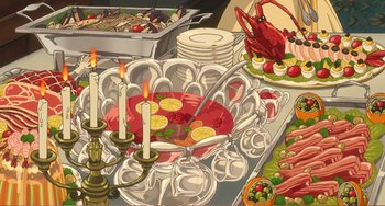 Movie still from “When Marnie Was There” (2014), directed by Hiromasa Yonebayashi – A table filled with plates of food and candles on top; Extreme Close Up shot, High angle