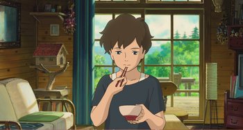 Movie still from “When Marnie Was There” (2014), directed by Hiromasa Yonebayashi – A person holding chopsticks in their hand and a bowl of food in their hand; Medium shot, Over the shoulder angle