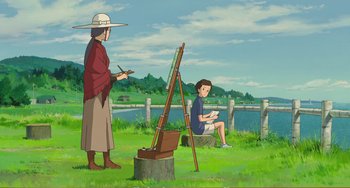 Movie still from “When Marnie Was There” (2014), directed by Hiromasa Yonebayashi – An animated scene of a person painting a picture; Wide shot, Over the shoulder angle
