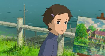 Movie still from “When Marnie Was There” (2014), directed by Hiromasa Yonebayashi – A cartoon of a young girl looking at a painting; Medium shot, Over the shoulder angle