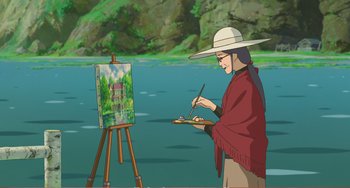 Movie still from “When Marnie Was There” (2014), directed by Hiromasa Yonebayashi – A person painting a picture on a canvas; Medium shot, High angle