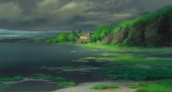 Movie still from “When Marnie Was There” (2014), directed by Hiromasa Yonebayashi – A painting of a house on the shore of a body of water; Extreme Wide shot, Low angle