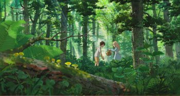 Movie still from “When Marnie Was There” (2014), directed by Hiromasa Yonebayashi – A painting of a boy and a girl in the woods; Extreme Wide shot, High angle