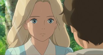 Movie still from “When Marnie Was There” (2014), directed by Hiromasa Yonebayashi – A woman with blonde hair and blue eyes looking at another woman; Close Up shot, Over the shoulder angle