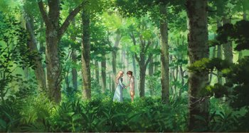Movie still from “When Marnie Was There” (2014), directed by Hiromasa Yonebayashi – A painting of a man and a woman walking through the woods; Extreme Wide shot, Low angle