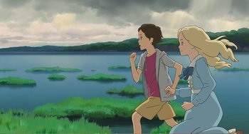 Movie still from “When Marnie Was There” (2014), directed by Hiromasa Yonebayashi – Two people are running near a body of water; Wide shot, High angle