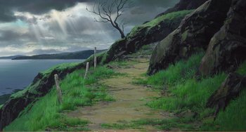 Movie still from “When Marnie Was There” (2014), directed by Hiromasa Yonebayashi – A painting of a path going up a hill; Extreme Wide shot, High angle