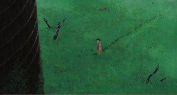 Movie still from “When Marnie Was There” (2014), directed by Hiromasa Yonebayashi – A painting of a person standing in the grass; Extreme Wide shot, High angle
