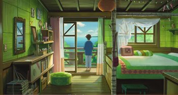 Movie still from “When Marnie Was There” (2014), directed by Hiromasa Yonebayashi – A person standing in a room looking out a window; Extreme Wide shot, High angle
