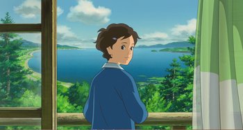 Movie still from “When Marnie Was There” (2014), directed by Hiromasa Yonebayashi – A person standing in front of a body of water; Medium shot, High angle