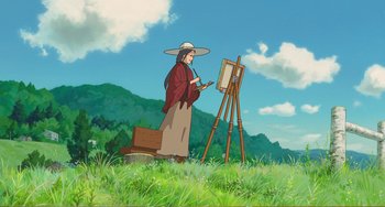 Movie still from “When Marnie Was There” (2014), directed by Hiromasa Yonebayashi – An artist is painting in a field of green grass; Extreme Wide shot, Low angle