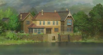 Movie still from “When Marnie Was There” (2014), directed by Hiromasa Yonebayashi – An oil painting of a house on the side of a lake; Extreme Wide shot, Low angle