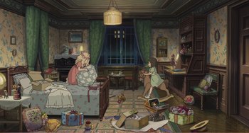 Movie still from “When Marnie Was There” (2014), directed by Hiromasa Yonebayashi – An animated scene of a girl and a dog in a room; Extreme Wide shot, High angle