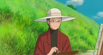 Movie still from “When Marnie Was There” (2014), directed by Hiromasa Yonebayashi – An animated person wearing a hat and holding a paintbrush; Medium shot, High angle