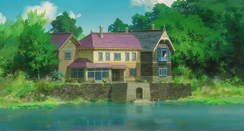 Movie still from “When Marnie Was There” (2014), directed by Hiromasa Yonebayashi – A painting of a house on the side of a river; Extreme Wide shot, Low angle
