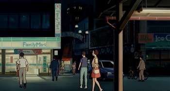 Movie still from “Whisper of the Heart” (1995), directed by Yoshifumi Kondô – A painting of people walking down a street at night; Extreme Wide shot, High angle