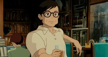 Movie still from “Whisper of the Heart” (1995), directed by Yoshifumi Kondô – A man with glasses is holding a drink; Medium shot, High angle