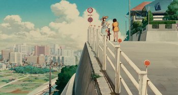 Movie still from “Whisper of the Heart” (1995), directed by Yoshifumi Kondô – Two people standing on the side of a bridge; Extreme Wide shot, High angle