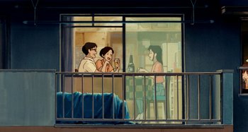 Movie still from “Whisper of the Heart” (1995), directed by Yoshifumi Kondô – Three people sitting on a balcony with a bottle of wine; Wide shot, High angle