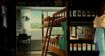 Movie still from “Whisper of the Heart” (1995), directed by Yoshifumi Kondô – A painting of a bunk bed in a bedroom; Wide shot, Overhead angle