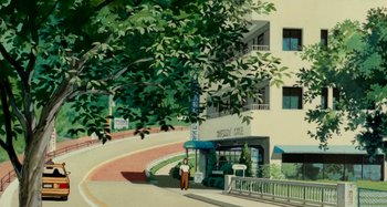 Movie still from “Whisper of the Heart” (1995), directed by Yoshifumi Kondô – A man standing on the side of a road next to a building; Extreme Wide shot, Low angle