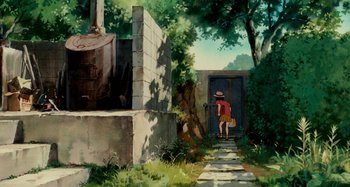 Movie still from “Whisper of the Heart” (1995), directed by Yoshifumi Kondô – A painting of a man standing in front of an open door; Wide shot, High angle
