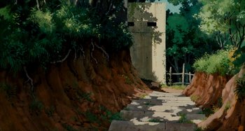 Movie still from “Whisper of the Heart” (1995), directed by Yoshifumi Kondô – A painting of a path leading to a tower; Extreme Wide shot, Low angle