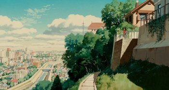 Movie still from “Whisper of the Heart” (1995), directed by Yoshifumi Kondô – A view of a city from the top of a hill; Extreme Wide shot, High angle