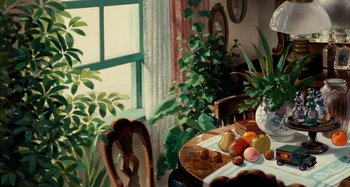 Movie still from “Whisper of the Heart” (1995), directed by Yoshifumi Kondô – A painting of a dining room table with fruit on it; Wide shot, High angle