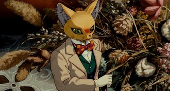 Movie still from “Whisper of the Heart” (1995), directed by Yoshifumi Kondô – A painting of a cat wearing a suit and bow tie; Close Up shot, Overhead angle