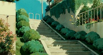 Movie still from “Whisper of the Heart” (1995), directed by Yoshifumi Kondô – A painting of stairs leading to a building; Extreme Wide shot, Low angle