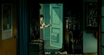 Movie still from “Whisper of the Heart” (1995), directed by Yoshifumi Kondô – A painting of a woman opening a refrigerator; Wide shot, High angle