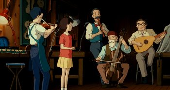 Movie still from “Whisper of the Heart” (1995), directed by Yoshifumi Kondô – A group of people standing in a room with instruments; Wide shot, High angle