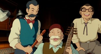 Movie still from “Whisper of the Heart” (1995), directed by Yoshifumi Kondô – A group of men standing next to each other holding instruments; Medium shot, High angle