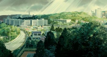 Movie still from “Whisper of the Heart” (1995), directed by Yoshifumi Kondô – An oil painting of an urban area with a tennis court; Extreme Wide shot, Low angle