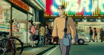 Movie still from “Whisper of the Heart” (1995), directed by Yoshifumi Kondô – A man is walking down the street with a bag; Wide shot, High angle