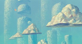 Movie still from “Whisper of the Heart” (1995), directed by Yoshifumi Kondô – An abstract painting of a sky filled with clouds; Extreme Wide shot, Low angle