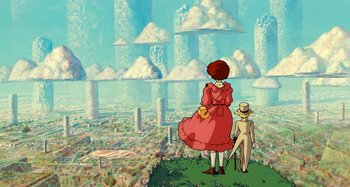 Movie still from “Whisper of the Heart” (1995), directed by Yoshifumi Kondô – A woman in a red dress standing next to a man in a hat; Wide shot, High angle
