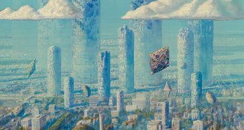 Movie still from “Whisper of the Heart” (1995), directed by Yoshifumi Kondô – An image of a city with a sky background; Extreme Wide shot, Overhead angle