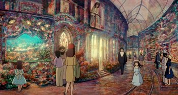 Movie still from “Whisper of the Heart” (1995), directed by Yoshifumi Kondô – A group of people standing in front of a building; Wide shot, High angle