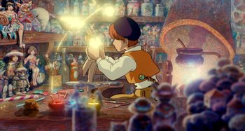 Movie still from “Whisper of the Heart” (1995), directed by Yoshifumi Kondô – A boy is holding something in his hands; Wide shot, Over the shoulder angle