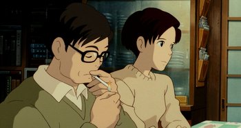 Movie still from “Whisper of the Heart” (1995), directed by Yoshifumi Kondô – A man and a woman sitting next to each other; Close Up shot, Over the shoulder angle