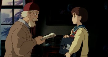 Movie still from “Whisper of the Heart” (1995), directed by Yoshifumi Kondô – An old man handing a bag to a young boy; Medium shot, Over the shoulder angle