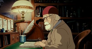 Movie still from “Whisper of the Heart” (1995), directed by Yoshifumi Kondô – An old man sitting in front of a computer keyboard; Medium shot, High angle