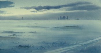Movie still from “Whisper of the Heart” (1995), directed by Yoshifumi Kondô – A view of a city from the beach at dusk; Extreme Wide shot, Low angle