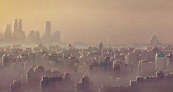 Movie still from “Whisper of the Heart” (1995), directed by Yoshifumi Kondô – A view of a large city in the middle of the day; Extreme Wide shot, High angle