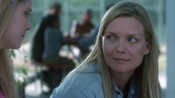 Movie still from “White Oleander” (2002), directed by Peter Kosminsky – A person sitting in front of a group of people; Close Up shot, Over the shoulder angle