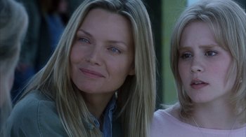 Movie still from “White Oleander” (2002), directed by Peter Kosminsky – A woman and a girl standing next to each other; Close Up shot, Over the shoulder angle